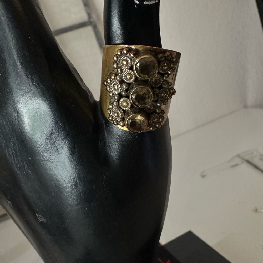 Adjustable Antique Brass Statement Ring W3 Gemsto… - image 4